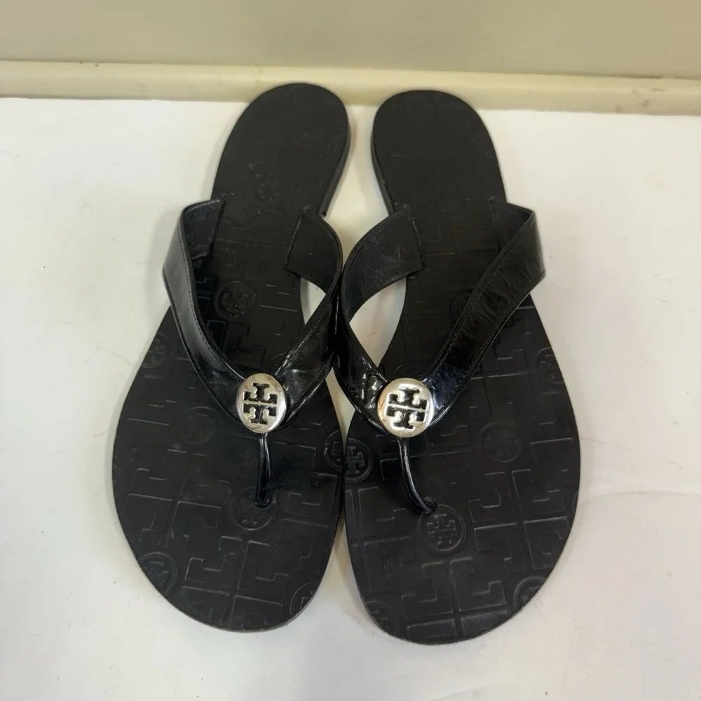 Tory Burch Flip Flop Sandals Women's Size 10M Thora Shoes Black Patent Summer